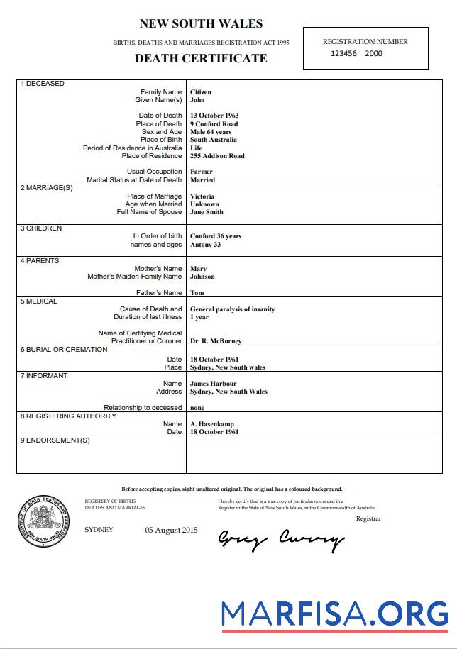 Blank Australia New South Wales death certificate template in Word